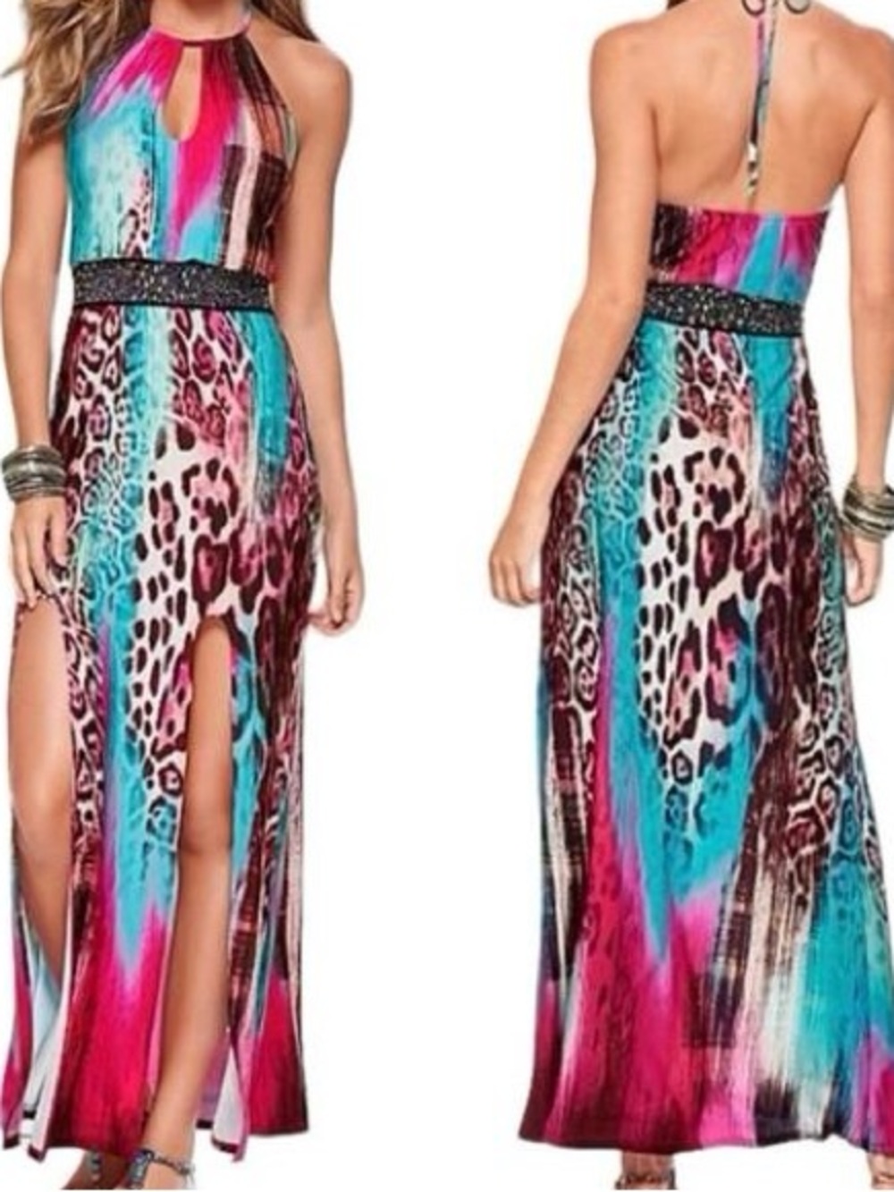 VENUS Halter Backless Animal-Print Maxi Dress in Pink & Turquoise